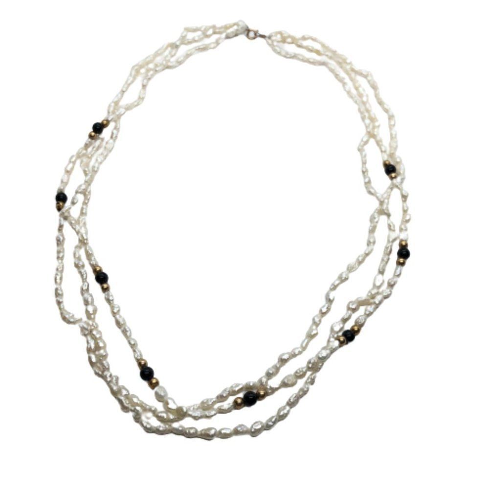 Stunning Vintage 16" Triple Strand Rice Pearl, Black Onyx & 14K Gold Necklace - Picture 3 of 10